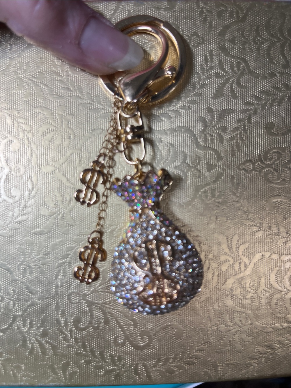 Gold-Tone Crystal Money Bag Keychain with Dollar Sign Charm - Picture 1 of 2